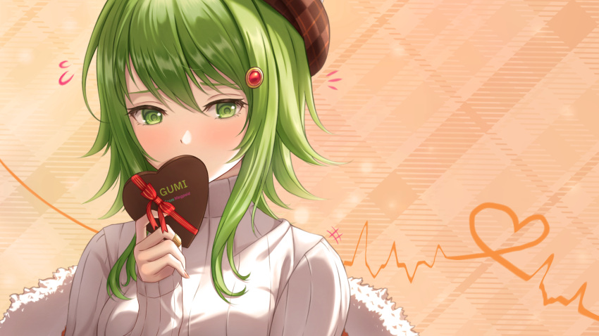 1girl beret blush candy cardiogram character_name chocolate covering_mouth flying_sweatdrops food green_eyes gumi hair_ornament hat heart heart-shaped_chocolate high_collar highres jewelry long_hair long_sleeves looking_down looking_to_the_side plaid plaid_background plaid_headwear ring roncle_(roncle1) sleeves_past_wrists solo sweater turtleneck turtleneck_sweater upper_body valentine vocaloid
