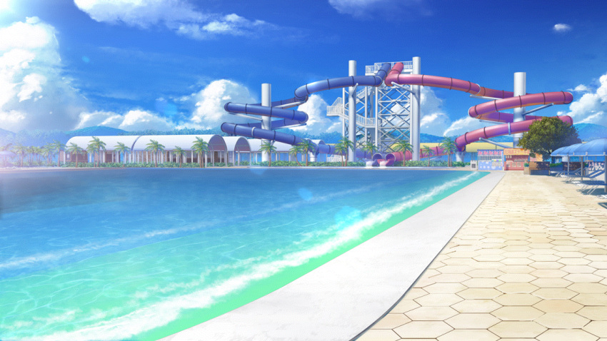 beach_umbrella blue_sky blue_umbrella building cloud day film_grain food_stand game_cg hexagon izumi_tsubasu mountainous_horizon no_humans non-web_source official_art outdoors palm_tree re:stage! recliner scenery sky tree umbrella water water_slide waterpark wooden_bench