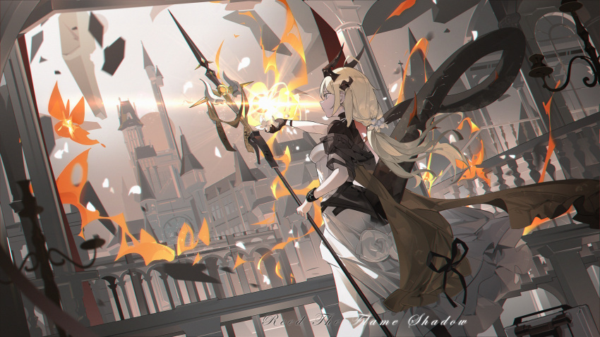 1girl absurdres arknights black_bracelet black_gloves black_pantyhose blue_eyes braid breasts candlestand cathedral character_name dragon_girl dragon_horns dragon_tail dress dutch_angle feet_out_of_frame fence flower from_behind gloves highres holding holding_flower holding_staff horns infection_monitor_(arknights) krao low_ponytail official_alternate_costume pantyhose reed_(arknights) reed_the_flame_shadow_(arknights) single_braid small_breasts solo staff tail white_dress
