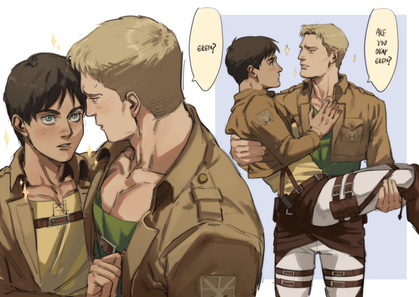 2boys bad_id bad_twitter_id bara belt black_hair blonde_hair blue_eyes blush brown_jacket brown_shirt carrying carrying_person chest_belt cropped_jacket dudlesnoodles english_text eren_yeager green_shirt highres jacket large_pectorals looking_at_another male_focus multiple_boys muscular muscular_male pants pectorals reiner_braun shingeki_no_kyojin shirt short_hair white_pants yaoi yellow_eyes