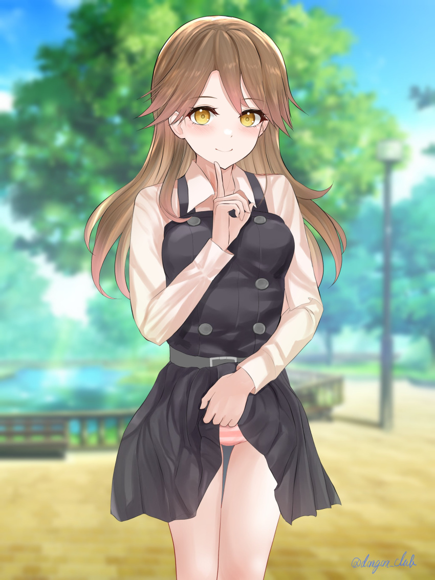 1girl absurdres arashio_(kancolle) bench blurry blurry_background blush breasts brown_eyes brown_hair closed_mouth clothes_lift collared_shirt cowboy_shot dangan_kurabu dress dress_lift finger_to_mouth frilled_dress frills hair_between_eyes highres kantai_collection lifted_by_self long_hair long_sleeves looking_at_viewer outdoors panties park_bench pinafore_dress pink_panties shirt sleeveless sleeveless_dress small_breasts smile solo striped striped_panties tree twitter_username underwear water white_shirt