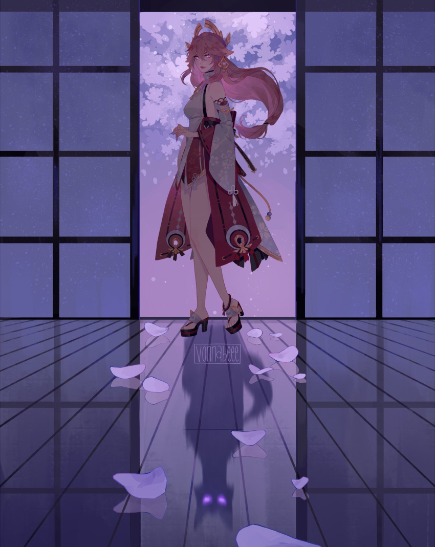 1girl animal_ears bare_legs cherry_blossom_print detached_sleeves different_shadow earrings floppy_ears floral_print full_body genshin_impact glowing glowing_eyes hair_ornament highres jewelry long_hair looking_at_viewer nontraditional_miko petals pink_hair reflective_floor shouji signature sliding_doors solo vonnabeee wide_sleeves wooden_floor yae_miko