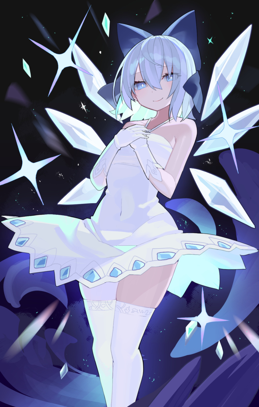 1girl alternate_costume blue_bow blue_eyes blue_hair bow cirno closed_mouth detached_wings dress fairy falken_(yutozin) feet_out_of_frame gloves hair_between_eyes hair_bow highres ice ice_wings looking_at_viewer short_hair smile solo thighhighs touhou white_dress white_gloves white_thighhighs wings