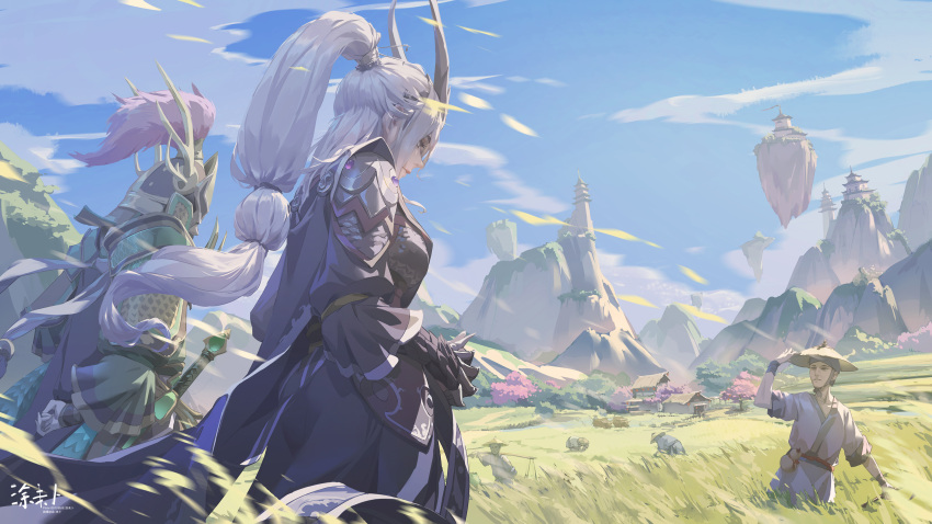 1girl 2boys absurdres armor black_armor character_request cloud cloudy_sky fake_horns fantasy farmer floating_island grass green_armor hat headpiece helmet highres horned_helmet horns landscape long_hair miao_ying multiple_boys ponytail rice_hat scenery sky tall_grass tuweibu warhammer_fantasy white_hair