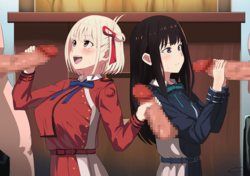 2girls 3boys belt black_hair blonde_hair blue_belt blue_bow blue_bowtie blue_dress blue_ribbon blunt_bangs blush bob_cut bow bowtie breasts censored closed_mouth clothed_female_nude_male double_handjob dress erection green_ribbon group_sex hair_bow hair_ribbon handjob highres indoors inoue_takina large_breasts long_hair looking_at_another looking_at_penis lycoris_recoil lycoris_uniform medium_breasts mosaic_censoring multiple_boys multiple_girls neck_ribbon nishikigi_chisato nude nyabechi open_mouth out_of_frame penis purple_eyes red_belt red_bow red_dress red_eyes red_ribbon ribbon short_hair smile two-handed_handjob two-tone_dress