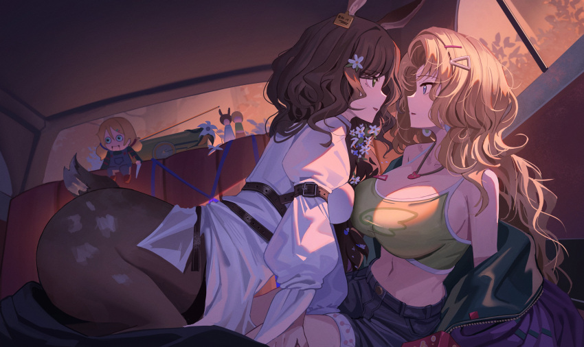 2girls absurdres animal_ears arm_belt arm_support asymmetrical_docking blonde_hair blonney blue_eyes blue_shorts breast_press breasts brown_hair car_interior centauroid cleavage curly_hair deer_ears deer_girl deer_tail doll earrings eye_contact face-to-face flower from_side green_eyes green_sports_bra hair_flower hair_ornament hair_over_shoulder hairclip highres jacket jessica_(reverse:1999) jewelry jeze large_breasts long_hair long_sleeves looking_at_another medium_breasts ms._radio multiple_girls navel off_shoulder orange_sky parted_lips pendant profile purple_jacket radio reverse:1999 shirt shorts sidelighting sky sports_bra stomach tail taur twilight white_flower white_shirt yuri