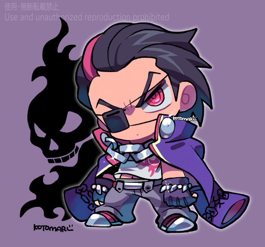 1boy arms_at_sides black_hair chain chibi chinese_text closed_mouth coat eyepatch full_body glint grey_pants hair_slicked_back hwoarang_(tekken) kotorai looking_at_viewer male_focus midriff_peek multicolored_hair pants purple_background purple_coat red_eyes red_footwear ringed_eyes shirt short_hair skull solo streaked_hair tekken white_shirt