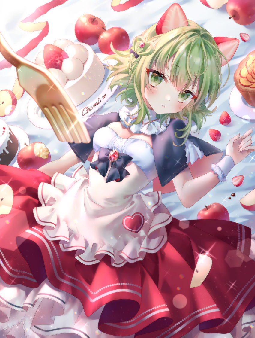 1girl absurdres animal_ears apple apple_peel bitten_apple blush bow braid breasts cake capelet character_name cleavage dress fake_animal_ears food food_bite fork frilled_shirt_collar frills fruit glint green_eyes green_hair gumi hair_bow hair_ornament heart highres layered_dress looking_at_viewer lying nasu8601 on_back parted_lips plate short_hair solo strawberry sweets tart_(food) underbust vocaloid wrist_cuffs