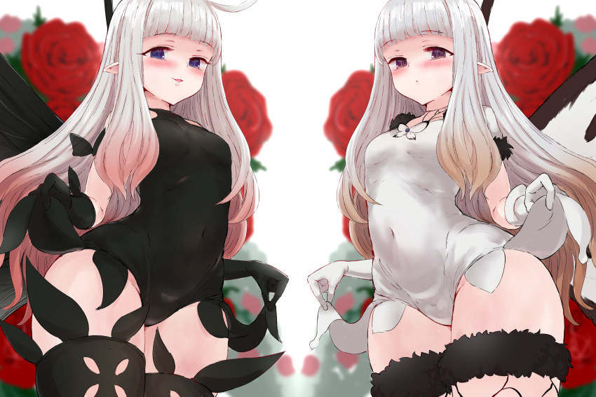 2girls absurdres airy_(bravely_default) anne_(bravely_second) antenna_hair black_gloves black_leotard black_thighhighs blue_eyes blush bravely_default:_brilliant_lights bravely_default:_flying_fairy bravely_default_(series) bravely_second:_end_layer breasts brown_eyes butterfly_wings commission commissioner_upload covered_navel fairy fairy_wings flower fur_trim gloves groin gulp5959 highres insect_wings leotard long_hair looking_at_viewer multiple_girls pointy_ears rose skeb_commission small_breasts smile thighhighs thighs white_gloves white_hair white_leotard wings