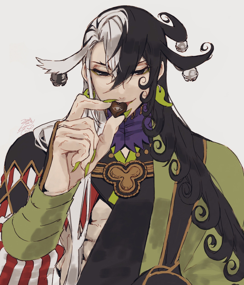 1boy absurdres ashiya_douman_(fate) asymmetrical_hair black_hair candy chocolate curly_hair doodle_inset earrings eating fate/grand_order fate_(series) fingernails food hair_between_eyes half-closed_eyes haruhina heart heart-shaped_chocolate highres holding holding_chocolate holding_food japanese_clothes jewelry kimono large_hands long_hair magatama magatama_earrings male_focus multicolored_hair sharp_fingernails smile solo split-color_hair two-tone_hair underpec upper_body valentine very_long_hair white_hair