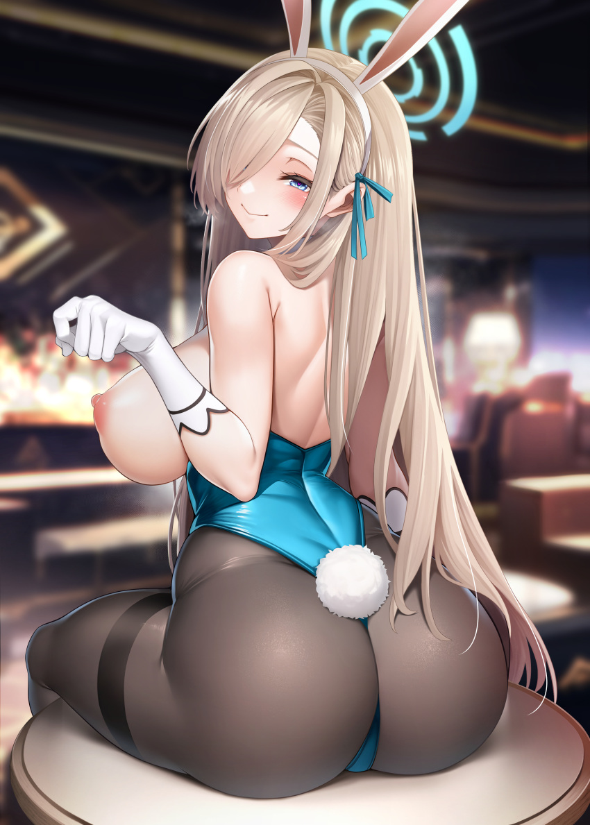 1girl absurdres animal_ears ass asuna_(blue_archive) asuna_(bunny)_(blue_archive) back bare_shoulders blue_archive blue_eyes blue_leotard blue_ribbon blush breasts breasts_out brown_pantyhose elbow_gloves fake_animal_ears fake_tail gloves hair_over_one_eye hair_ribbon halo highleg highleg_leotard highres large_breasts leotard light_brown_hair long_hair looking_at_viewer looking_back nipples oni-noboru pantyhose playboy_bunny rabbit_ears rabbit_tail ribbon sitting smile solo tail thighband_pantyhose thighs very_long_hair white_gloves