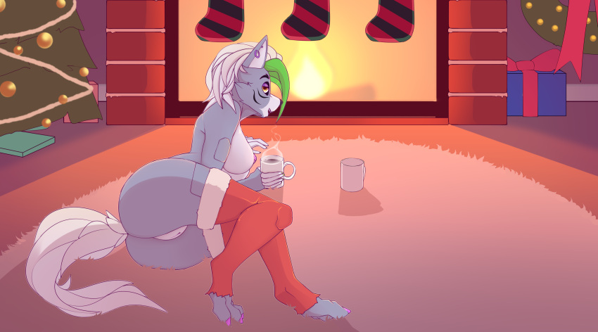 absurd_res anthro big_breasts breasts butt canid canine chapaevv christmas christmas_clothing christmas_tree clothed clothing container cup digital_media_(artwork) female fireplace five_nights_at_freddy's five_nights_at_freddy's:_security_breach fur genitals hair hi_res holidays looking_at_viewer mammal nipples plant roxanne_wolf_(fnaf) scottgames solo steel_wool_studios tail tree
