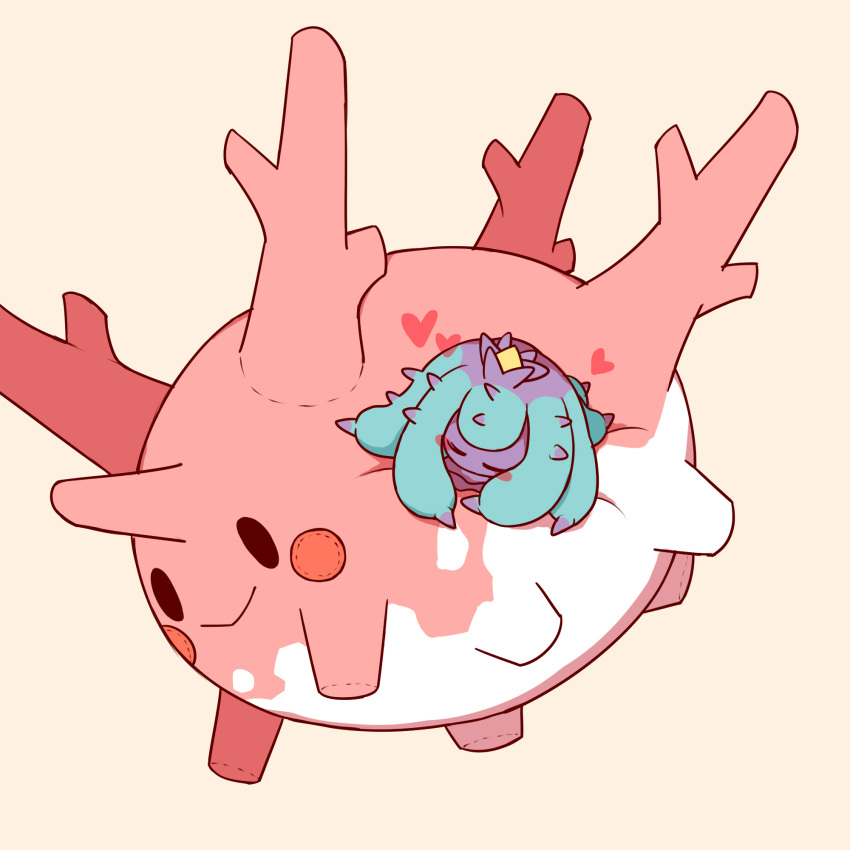 animal_focus blush_stickers character_doll chinese_commentary closed_eyes commentary_request corsola dian_(nanooo_i) heart highres mareanie partial_commentary pokemon simple_background sleeping spikes stitches tentacles