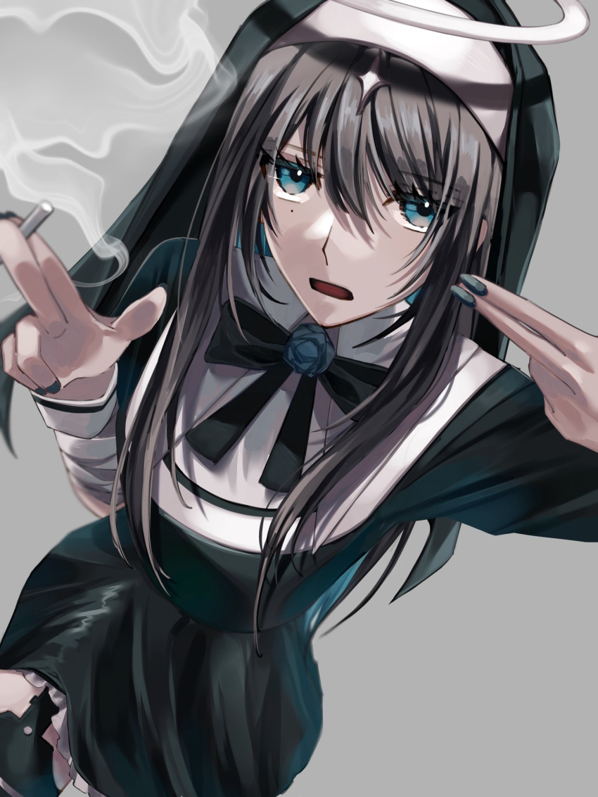 1girl ado_(utaite) black_bow black_bowtie black_dress black_hair black_thighhighs blue_eyes blue_flower blue_hair blue_nails blue_rose bow bowtie chando_(ado) cigarette cloud_nine_inc colored_inner_hair commentary dress flower flower_brooch garter_straps grey_background hair_between_eyes halo highres holding holding_cigarette kamippoina_(vocaloid) long_hair long_sleeves looking_at_viewer mole mole_under_eye multicolored_hair nail_polish open_mouth rose sidelocks smoke solo spica_(spica5f9ea0) thighhighs two-tone_hair utaite veil