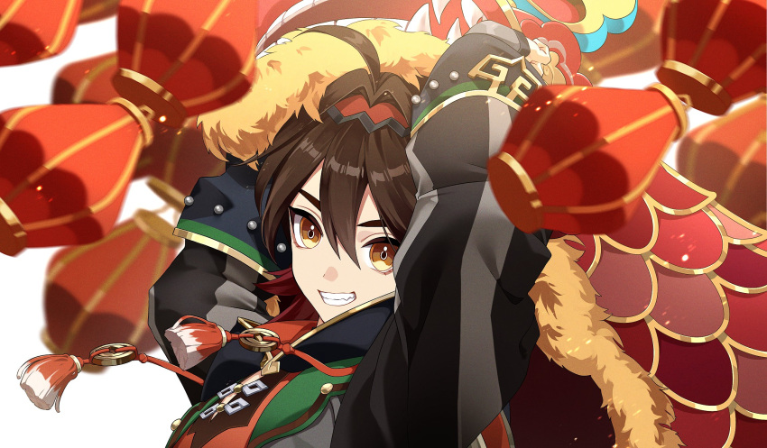 1boy ahoge arms_up brown_eyes brown_hair cha_hanare chinese_clothes gaming_(genshin_impact) genshin_impact hair_between_eyes highres holding lion_dance long_sleeves male_focus simple_background smile solo upper_body white_background