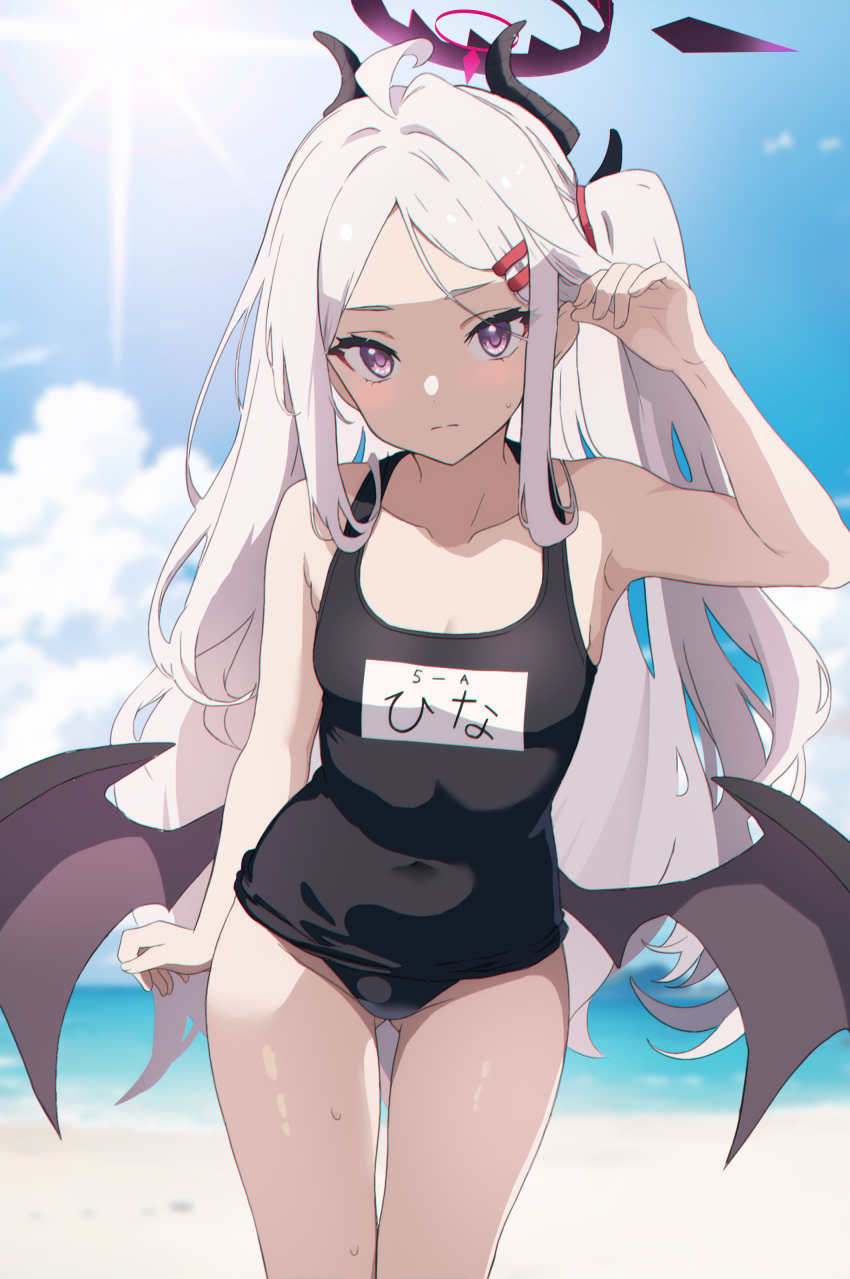 1girl absurdres ahoge akagi_koku beach blue_archive blue_sky blush commentary demon_horns demon_wings hair_ornament halo highres hina_(blue_archive) hina_(swimsuit)_(blue_archive) horns long_hair looking_at_viewer official_alternate_costume one-piece_swimsuit parted_bangs purple_eyes school_swimsuit sky solo swimsuit white_hair wings