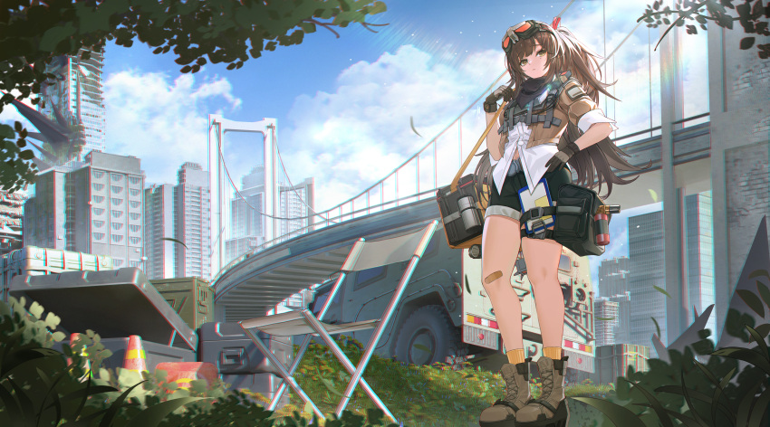 1girl absurdres bag bandaid bandaid_on_knee bandaid_on_leg black_shorts boots box bridge brown_footwear brown_hair building car cloud cloudy_sky commission full_body girls'_frontline girls'_frontline_2:_exilium gloves goggles goggles_on_head hand_on_own_hip highres lan_liyu_renzi lens_flare long_hair mayling_shen_(girls'_frontline_2) motor_vehicle second-party_source shorts sky solo traffic_cone