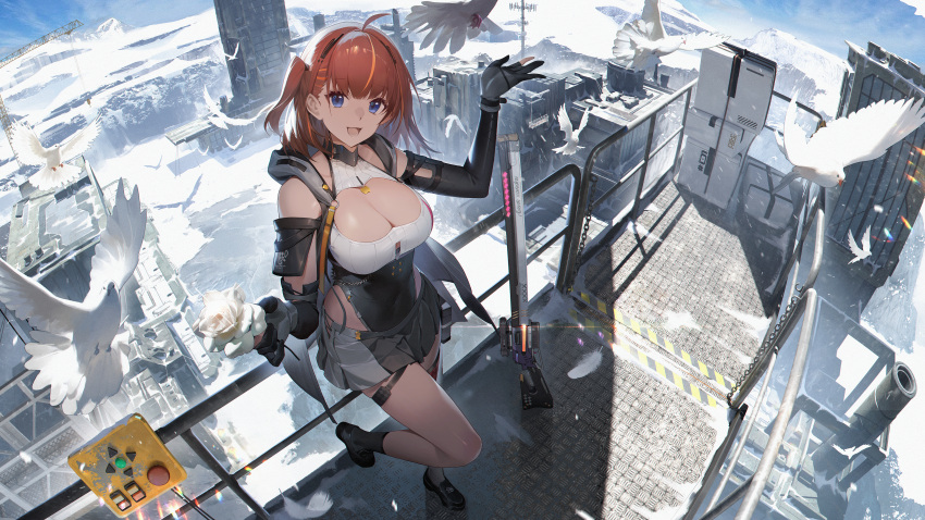 1girl :d absurdres against_railing ahoge bare_shoulders bird black_cape black_footwear black_gloves black_leotard black_socks blue_eyes blue_sky breasts cape cleavage cleavage_cutout clothing_cutout day elbow_gloves fisheye flower from_above full_body gloves grey_skirt gun hands_up highleg highleg_leotard highres holding holding_flower kexue large_breasts leotard looking_at_viewer medium_hair military_base miniskirt official_art one_side_up outdoors partially_fingerless_gloves railing red_hair rifle rose single_sock skirt sky smile sniper_rifle snow snowbreak:_containment_zone socks solo tess_kotkin thigh_strap too_many too_many_birds two-tone_leotard weapon white_bird white_dove white_flower white_leotard white_rose