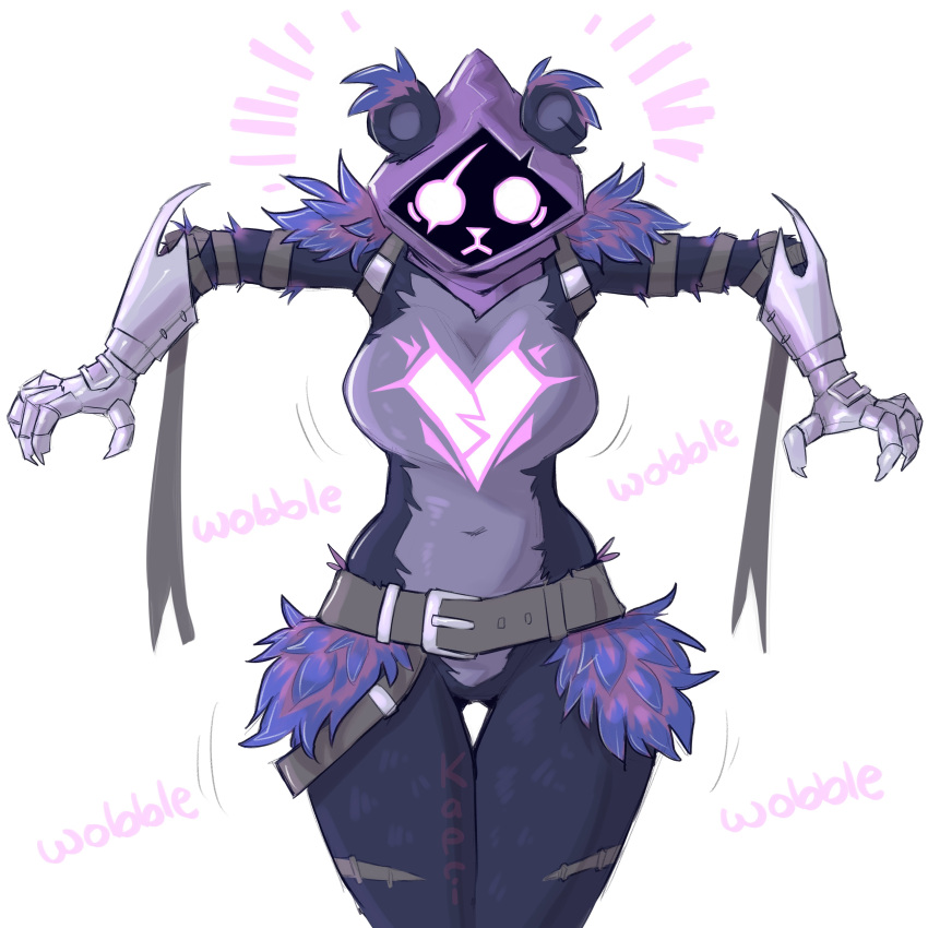 absurd_res anthro armor bear big_breasts breasts clothed clothing epic_games eye_scar facial_scar female fortnite front_view gauntlets gloves handwear hi_res hood kapri mammal purple_eyes raven_team_leader scar simple_background solo standing strip_game twitter