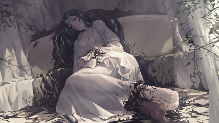 asymmetrical_footwear black_hair breasts circlet cleavage closed_eyes closed_mouth corruption couch dark_souls_(series) dress filianore_(dark_souls) highres long_hair mismatched_footwear no_shoes toes tuweibu very_long_hair white_dress