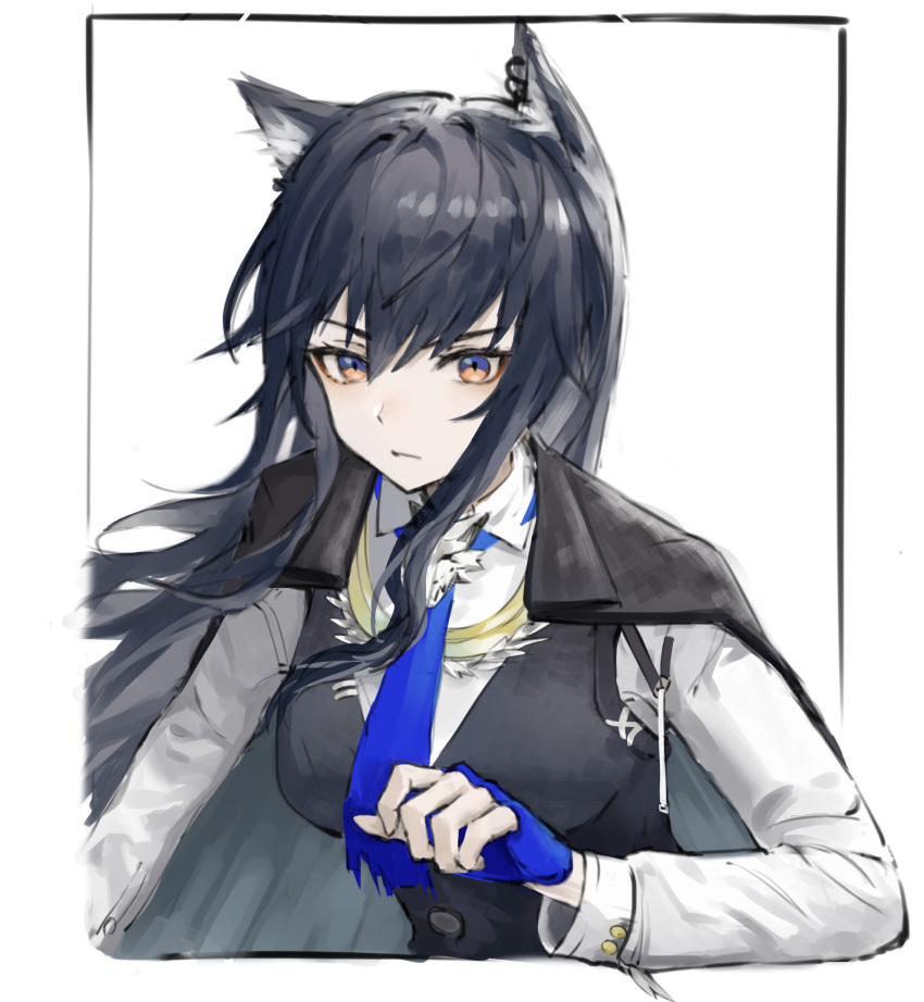 1girl animal_ear_fluff animal_ear_piercing animal_ears arknights black_hair black_jacket black_vest blue_eyes blue_gloves blue_necktie border breasts buttoned_cuffs buttons closed_mouth collared_shirt commentary cropped_torso dress_shirt eyeliner fingerless_gloves gloves hair_between_eyes hair_flowing_over hand_up highres hoop_piercing jacket jacket_on_shoulders jin_(7kijin) large_breasts long_hair long_sleeves looking_at_viewer makeup multicolored_eyes necktie official_alternate_costume orange_eyes outside_border pale_skin piercing puffy_long_sleeves puffy_sleeves red_eyeliner serious shirt sidelocks simple_background solo standing straight_hair texas_(arknights) texas_the_omertosa_(arknights) torn_clothes torn_necktie two-tone_eyes upper_body v-shaped_eyebrows vest white_background white_border white_shirt wing_collar wolf_ears wolf_girl wolf_head