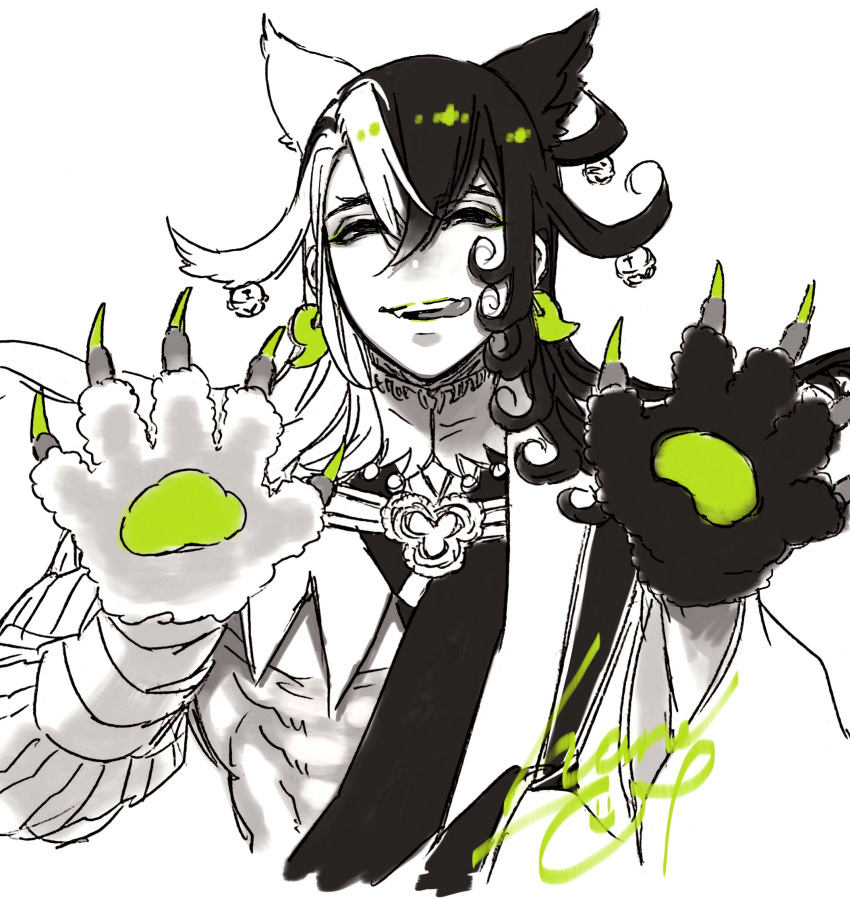 1boy animal_ears animal_hands ashiya_douman_(fate) asymmetrical_hair cat_boy cat_ears cat_paws cropped_torso curly_hair earrings fate/grand_order fate_(series) fingernails greyscale hair_between_eyes haruhina highres jewelry kemonomimi_mode licking_lips long_hair looking_at_viewer magatama magatama_earrings male_focus monochrome multicolored_hair partially_colored sharp_fingernails solo split-color_hair spot_color toned toned_male tongue tongue_out two-tone_hair very_long_hair