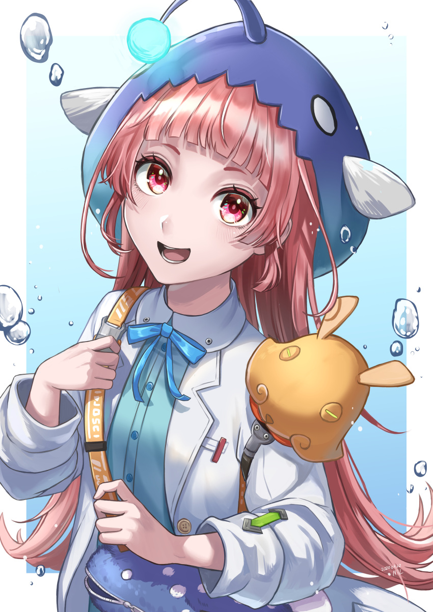 1girl absurdres air_bubble anglerfish_costume animal animal_bag animal_hat bag blunt_bangs blush bubble collared_shirt fish_hat hat heaven_burns_red highres holding_strap jacket long_hair long_sleeves looking_at_viewer mizuhara_aina neck_ribbon nil_(pixiv_53614557) octopus open_mouth pink_eyes pink_hair ribbon shirt shoulder_bag smile solo strap umbrella_octopus upper_body very_long_hair