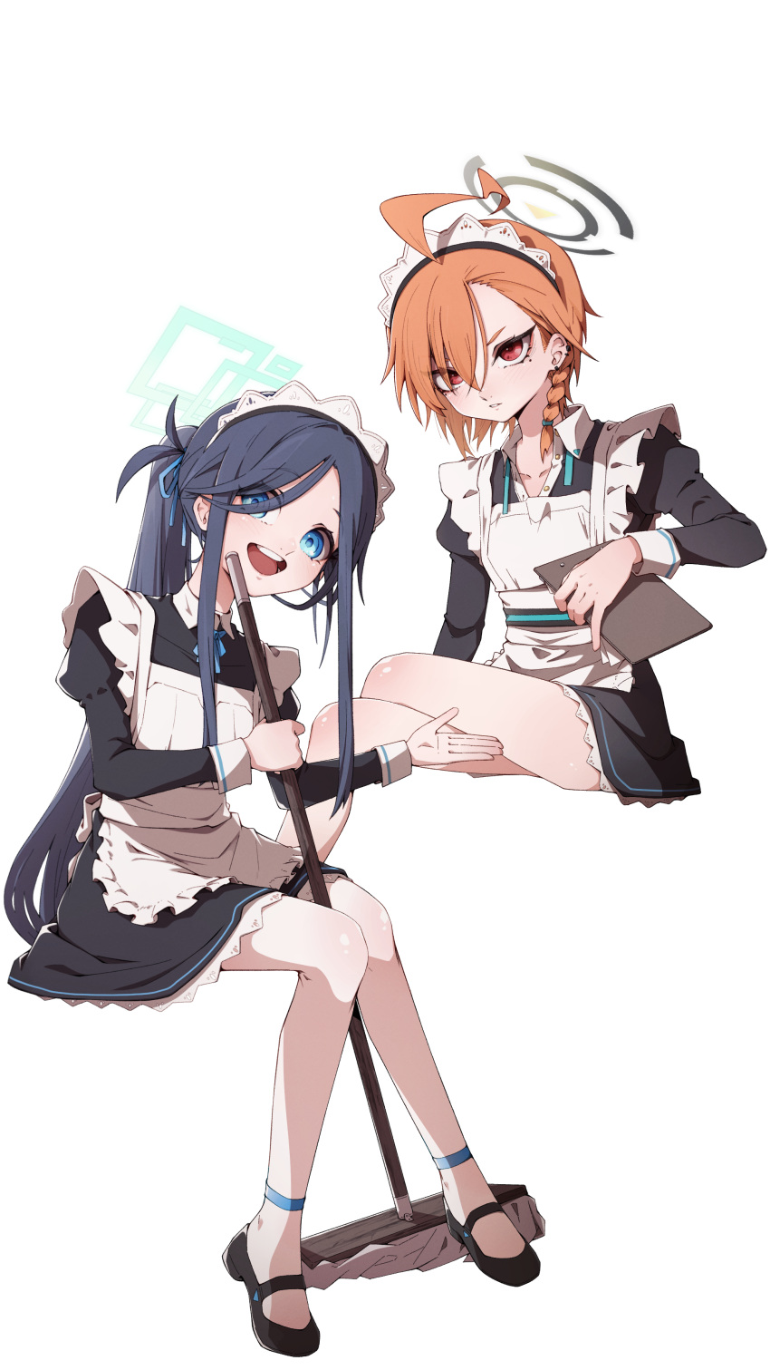 2girls absurdres ahoge apron aris_(blue_archive) aris_(maid)_(blue_archive) black_dress black_footwear black_hair blue_archive blue_eyes braid dress frilled_apron frills green_halo halo highres huge_ahoge if_f long_hair long_sleeves looking_at_viewer maid maid_apron maid_headdress mop multiple_girls neru_(blue_archive) official_alternate_costume orange_hair ponytail red_eyes shoes short_hair single_braid very_long_hair white_apron