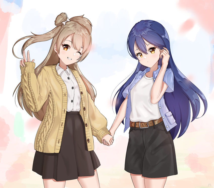 2girls banajerry belt blonde_hair blue_hair blue_shirt bow cardigan highres holding_hands long_hair looking_at_viewer love_live! minami_kotori multiple_girls pleated_skirt shirt shorts side_ponytail simple_background skirt smile sonoda_umi white_shirt yellow_eyes