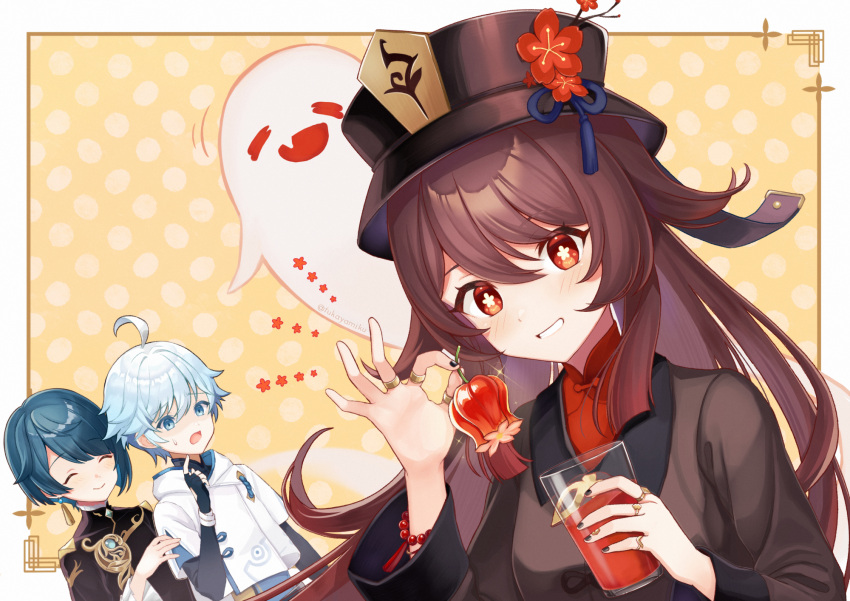 1girl 2boys blue_eyes blush boo_tao_(genshin_impact) brown_hair brown_headwear chinese_clothes chongyun_(genshin_impact) closed_eyes closed_mouth coat cup earrings flower flower-shaped_pupils fukaya_miku genshin_impact glass hair_between_eyes hat hat_flower highres holding holding_cup hu_tao_(genshin_impact) jewelry juice long_hair long_sleeves looking_at_viewer multiple_boys open_mouth red_eyes smile symbol-shaped_pupils tassel tassel_earrings top_top white_hood xingqiu_(genshin_impact)