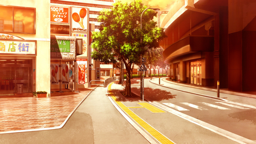 ad banner brick building city cloud crosswalk evening film_grain game_cg izumi_tsubasu lamppost no_humans non-web_source official_art orange_sky outdoors plant potted_plant re:stage! road scenery sky storefront street tree