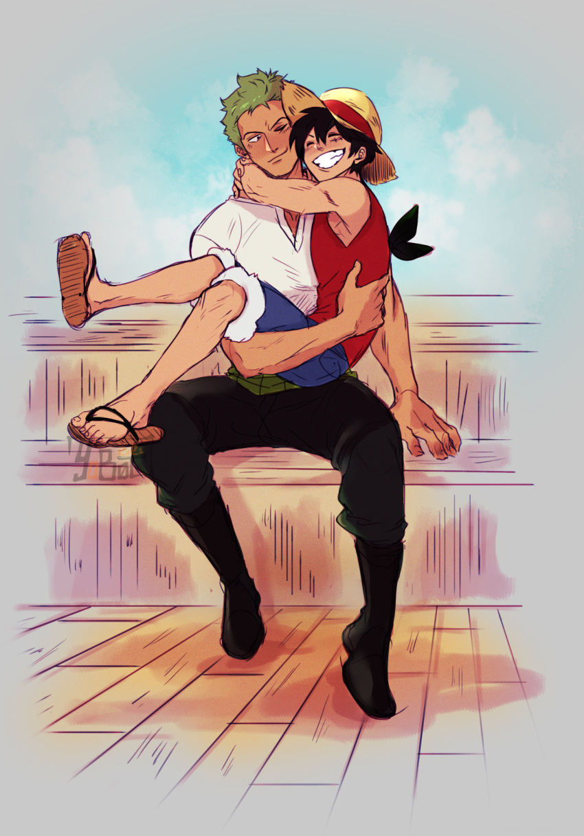2boys arms_around_neck bandana bandana_around_arm black_bandana black_eyes black_hair black_pants blue_shorts blue_sky blush clinging closed_eyes couple day full_body green_hair happy haramaki hat highres looking_at_another male_focus monkey_d._luffy multiple_boys one_armed_carry one_piece outdoors pants red_vest roronoa_zoro sandals scar scar_on_cheek scar_on_face ship_deck shirt short_hair shorts sideburns sitting sky smile straw_hat tight_clothes tight_shirt toned toned_male vest white_shirt yaoi yobot