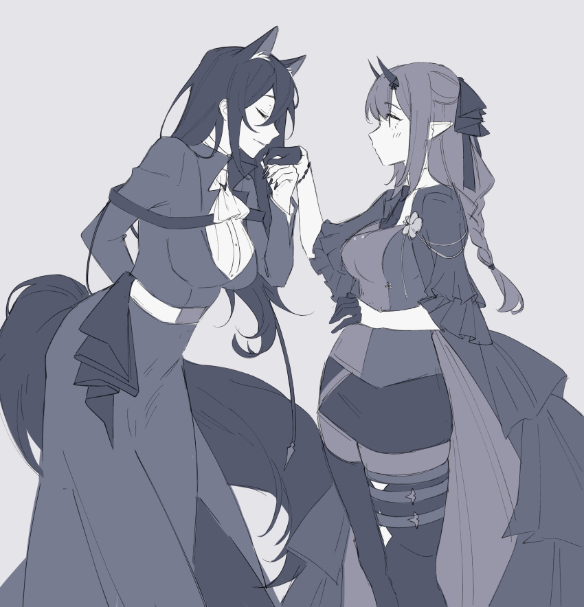 2girls absurdres animal_ears arknights ascot avi_(baltika_seven) blush braid breasts cape closed_eyes demon_horns dress extra_ears feet_out_of_frame gertrude_strollo_(arknights) gloves greyscale half_gloves hibiscus_(arknights) hibiscus_the_purifier_(arknights) highres holding_hands horns large_breasts long_hair looking_at_another medium_breasts monochrome multiple_girls nail_polish necktie pointy_ears skirt smile standing tail thighhighs wolf_ears wolf_girl wolf_tail yuri