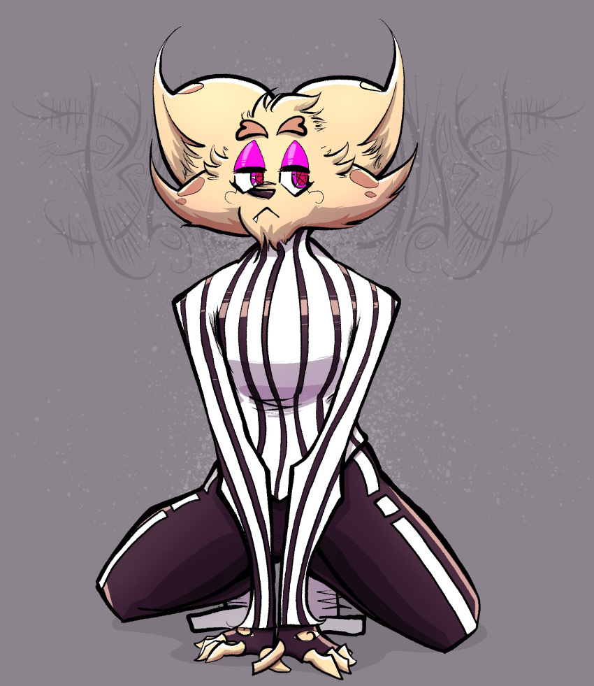ambiguous_gender anthro bluddly bluddly_(character) canid canine clothing fox fur hi_res mammal pattern_clothing pattern_shirt pattern_topwear pink_eyes shirt sitting solo striped_clothing striped_shirt striped_topwear stripes tan_body tan_fur topwear
