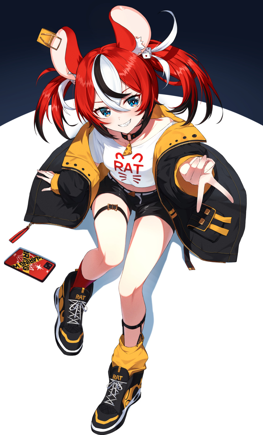1girl absurdres alternate_costume animal_ears black_collar black_hair black_jacket blue_eyes cellphone collar corsetman full_body gyaru_v hakos_baelz highres hololive hololive_english jacket midriff mismatched_socks mouse_ears mouse_girl multicolored_hair phone red_hair shirt shoes sitting smartphone smile sneakers solo streaked_hair thigh_strap twintails v virtual_youtuber white_hair white_shirt