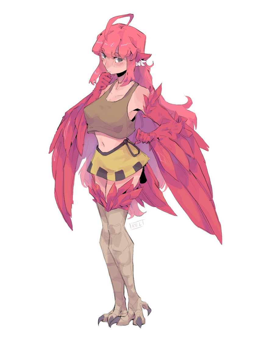 1girl ahoge animal_ears bare_shoulders bird_ears bird_legs bird_tail black_eyes blush borrowed_character breasts brown_tank_top coco_(eogks) commentary feathers full_body hand_on_own_chin harpy highres kaseeblu long_hair looking_at_viewer medium_breasts monster_girl navel orange_feathers original red_feathers red_hair red_wings sidelocks simple_background skirt solo tail talons tank_top very_long_hair white_background winged_arms wings yellow_skirt