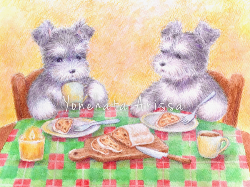 animal_focus artist_name candle chair colored_pencil_(medium) commentary_request cup dog eating food food_focus holding holding_cup knife looking_at_another looking_at_object no_humans original painting_(medium) schnauzer stollen table tablecloth traditional_media watercolor_(medium) yellow_background yonehata_arissa