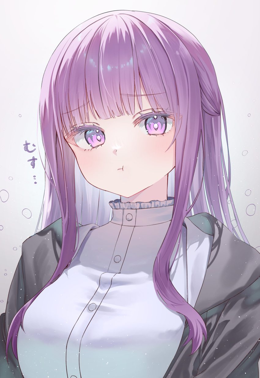 1girl :t absurdres blunt_bangs blush bright_pupils closed_mouth colored_eyelashes commentary eyelashes fern_(sousou_no_frieren) grey_background half_updo highres long_hair looking_at_viewer omotikaeri pout purple_eyes purple_hair shirt sidelocks simple_background solo sound_effects sousou_no_frieren straight_hair upper_body white_background white_shirt