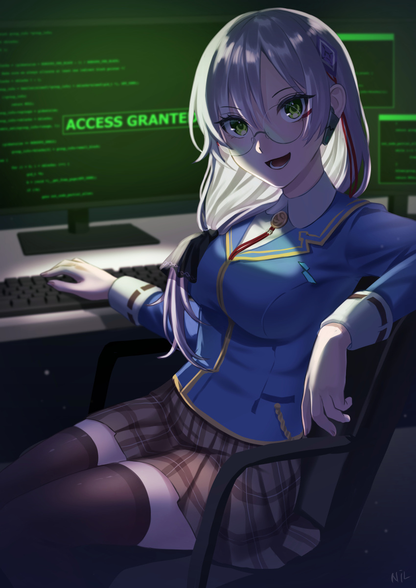 1girl absurdres arm_rest backlighting blazer chair collared_shirt computer glasses green_eyes grey_hair hacking heaven_burns_red highres izumi_yuki_(heaven_burns_red) jacket keyboard_(computer) long_hair looking_at_viewer low_ponytail monitor nil_(pixiv_53614557) on_chair open_mouth plaid plaid_skirt red-framed_eyewear round_eyewear shirt sitting skirt smile solo thighhighs