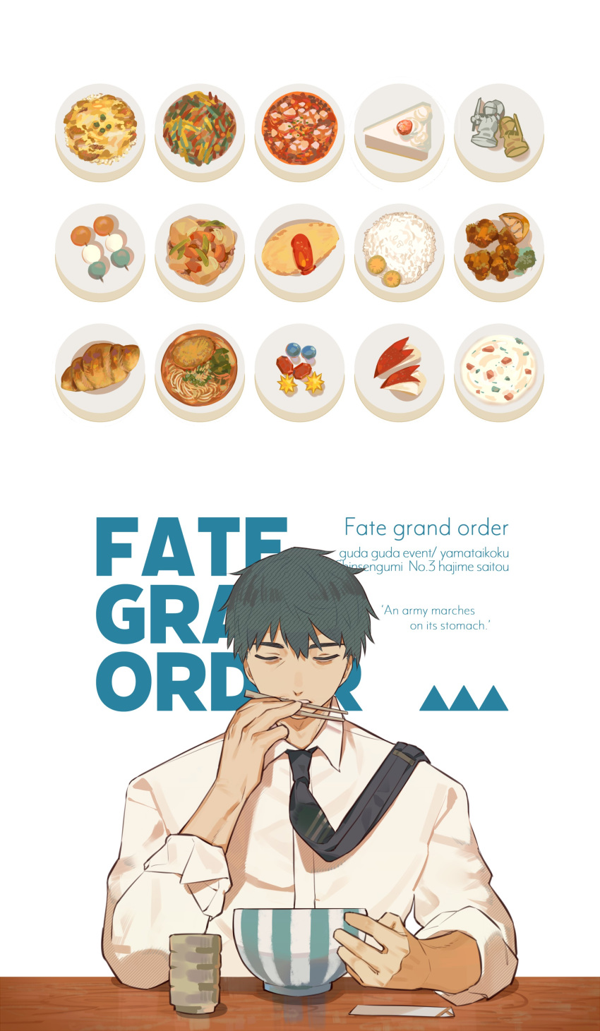 absurdres apple_rabbit black_necktie bowl cake chopsticks chopsticks_in_mouth closed_eyes croissant cup dango donburi english_text fate/grand_order fate_(series) food food_art formal gem grey_hair highres mapo_tofu necktie necktie_over_shoulder nikujaga_(food) noodles omelet omurice oyakodon_(food) ramen saitou_hajime_(fate) sanshoku_dango shirt soup strawberry_shortcake touka_(dokoka_me) wagashi white_shirt yunomi