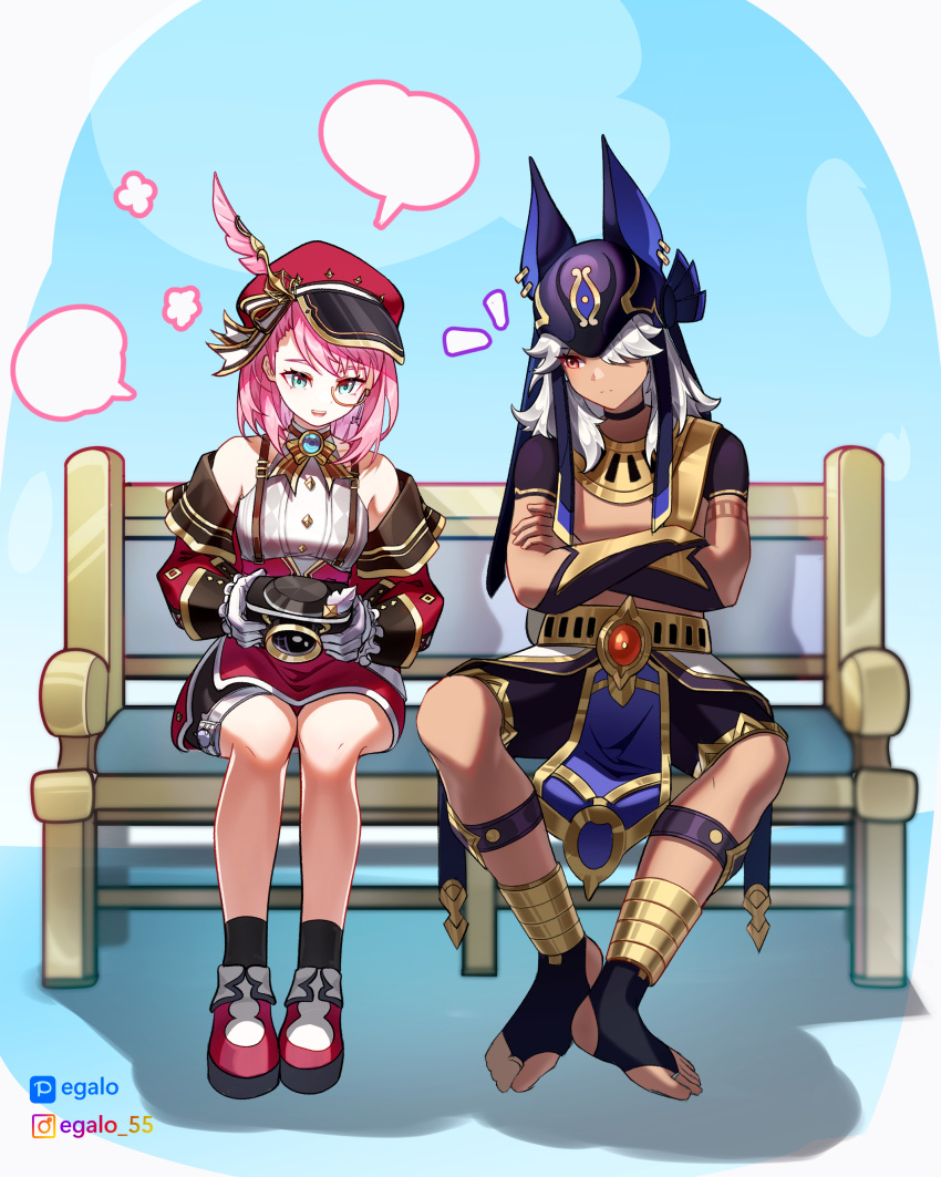 1boy 1girl absurdres animal_hat anklet bare_legs bare_shoulders bench bike_shorts bike_shorts_under_skirt bracer cabbie_hat camera charlotte_(genshin_impact) closed_mouth cyno_(genshin_impact) detached_sleeves egalo full_body genshin_impact gloves gold_trim_bow green_eyes grey_hair hair_over_one_eye hat hat_feather highres holding holding_camera jewelry knees_apart_feet_together long_hair looking_at_object monocle on_bench open_mouth park_bench pink_hair red_eyes red_headwear red_sleeves shoes sitting skirt smile suspenders tan toeless_footwear toes white_gloves