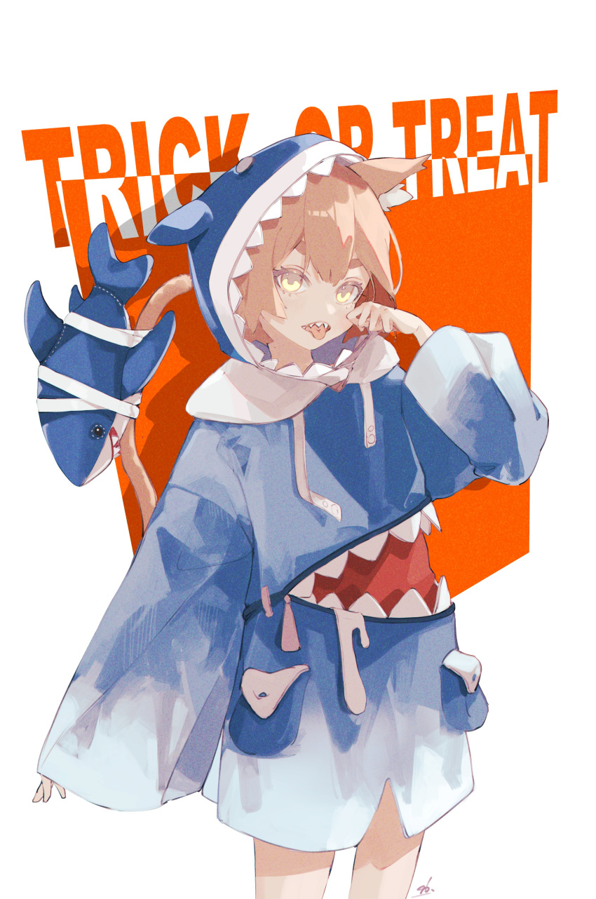 1girl 96yottea absurdres animal_costume animal_ear_fluff animal_ears animal_hood blonde_hair blue_hoodie cat_ears cat_girl cat_tail cheek_pinching commission cosplay english_text fins gawr_gura gawr_gura_(1st_costume) gawr_gura_(cosplay) gradient_clothes hand_on_own_face hand_up highres hololive hood hood_up hoodie long_sleeves looking_at_viewer open_mouth original pinching red_background shark shark_costume shark_hood sharp_teeth simple_background solo stuffed_toy tail teeth tongue tongue_out trick_or_treat white_background yellow_eyes