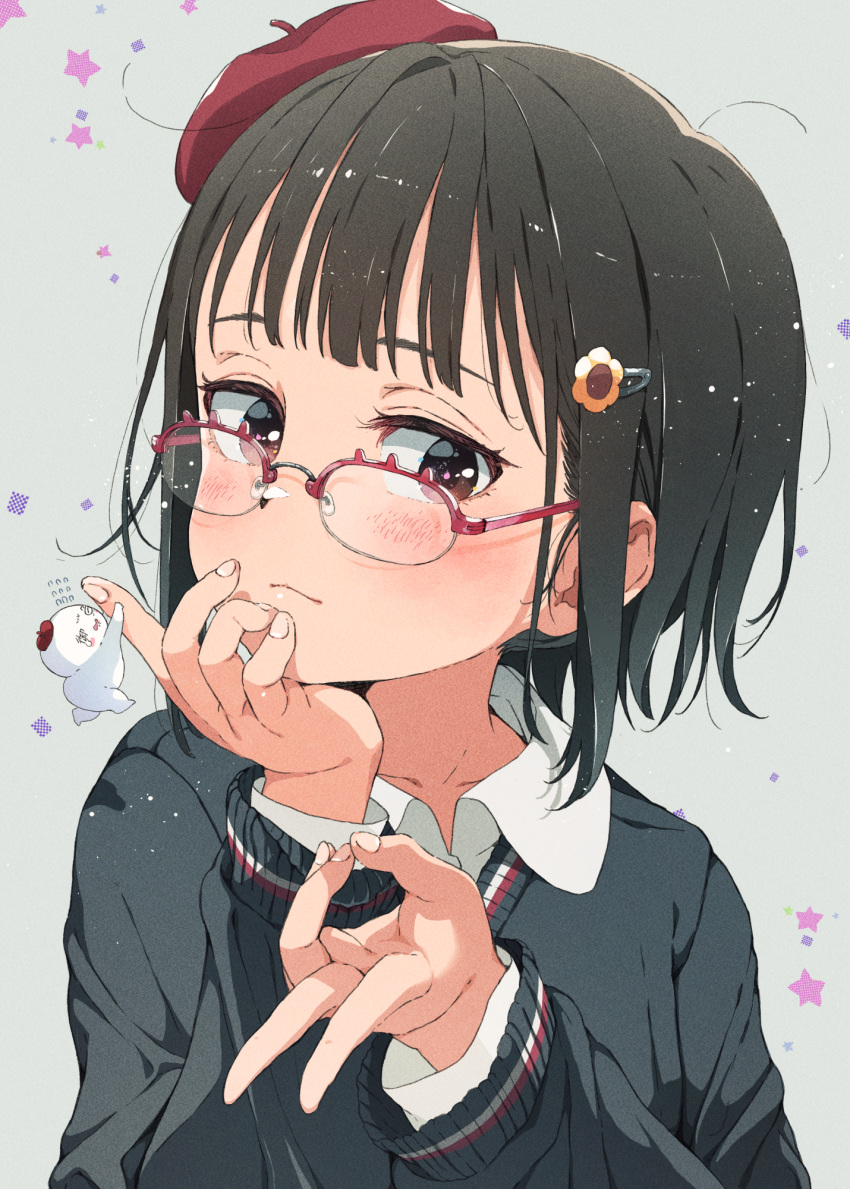 1girl ano_ko_wa_toshi_densetsu beret black_hair black_sweater blush brown_eyes closed_mouth collarbone glasses gomennasai grey_background hair_ornament hairclip hat highres layered_sleeves long_sleeves looking_at_viewer over-rim_eyewear red-framed_eyewear red_headwear semi-rimless_eyewear shirt short_hair simple_background solo star_(symbol) sweater white_shirt zangyaku-san