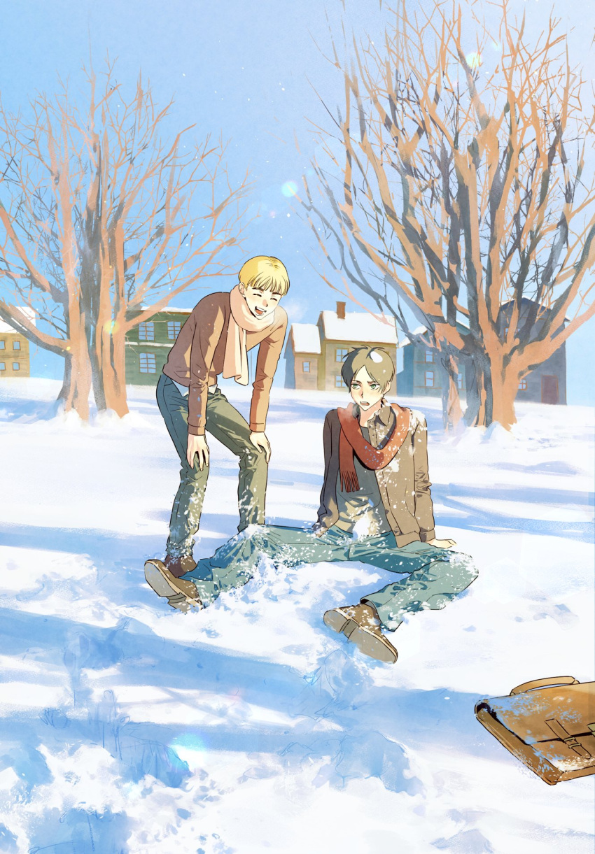 2boys alternate_costume armin_arlert bare_tree black_hair blonde_hair blush breath cold denim eren_yeager friends full_body highres house jeans laughing leaning_forward male_focus multiple_boys ne44i pants scarf shingeki_no_kyojin snow snowball thick_eyebrows tree winter