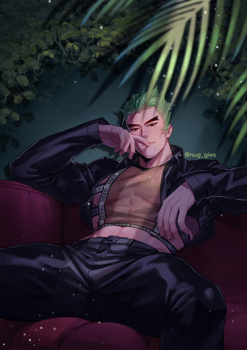 1boy absurdres artist_name black_eyes black_pants black_shirt breasts cleavage colored_skin couch cover english_text fake_magazine_cover genji_(overwatch) grey_hair highres jacket leaf magazine_cover male_focus muscular muscular_male nuggies_(nug_gies) on_couch overwatch palm_leaf pants see-through see-through_cleavage shirt short_hair smile solo textless_version white_skin