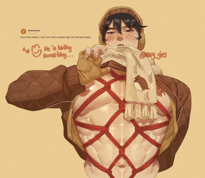 1boy abs artist_name bandage_on_face bandages beanie black_eyes black_hair brown_headwear brown_shirt brown_sweater clothes_lift earmuffs english_commentary english_text fingerless_gloves genji_(overwatch) gloves hat highres large_pectorals long_sleeves looking_at_viewer male_focus muscular muscular_male navel nipples nuggies_(nug_gies) open_mouth overwatch pectorals red_rope rope scarf shibari shibari_under_clothes shirt shirt_lift short_hair simple_background solo sweater twitter_username yellow_background