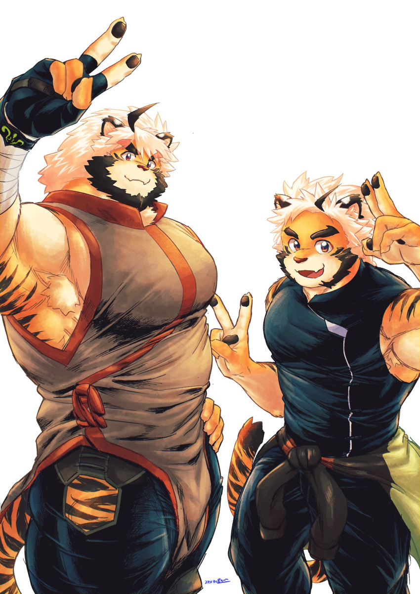 1boy age_comparison aged_down animal_ears bara claws commentary_request double_v fingerless_gloves furry furry_male gloves highres huge_pectorals indie_virtual_youtuber looking_at_viewer male_focus open_mouth pawpads saro_(rotsw_00022) smile tail tiger_boy tiger_ears tiger_stripes tiger_tail trad_monmon v white_background