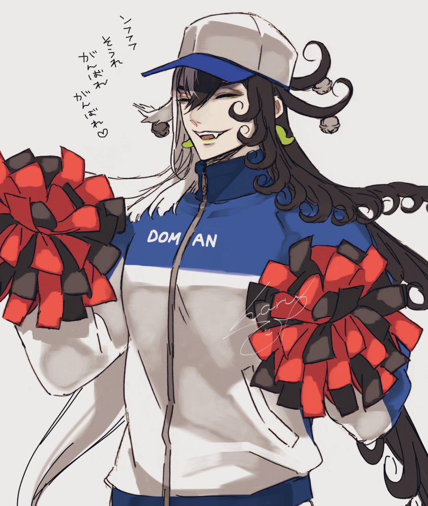 1boy ashiya_douman_(fate) asymmetrical_hair baseball_cap black_hair cheerleader closed_eyes curly_hair earrings fate/grand_order fate_(series) fingernails hair_between_eyes haruhina hat highres jewelry long_hair magatama magatama_earrings male_focus multicolored_hair sharp_fingernails smile solo split-color_hair translation_request two-tone_hair upper_body very_long_hair white_hair