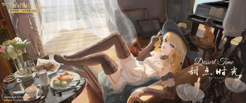 1girl :d arm_rest artist_name black_bow black_gloves black_headwear black_sleeves black_thighhighs blonde_hair blue_eyes bow breasts candle candlestand cat coffee_cup couch cup curtains detached_collar detached_sleeves disposable_cup dress drill_hair elbow_gloves english_commentary english_text feet_on_table flower food fork garter_straps genshin_impact gloves hat hat_bow highres index_finger_raised indoors instrument jewelry knees_up knife long_hair looking_at_viewer lying medium_breasts mixed-language_commentary navia_(genshin_impact) necklace on_couch piano picture_frame plate rapier ring round_table short_dress single_detached_sleeve single_elbow_glove sleeveless sleeveless_dress smile solo star_(symbol) star_in_eye strapless strapless_dress sword symbol_in_eye table thighhighs vase wboss weapon white_dress