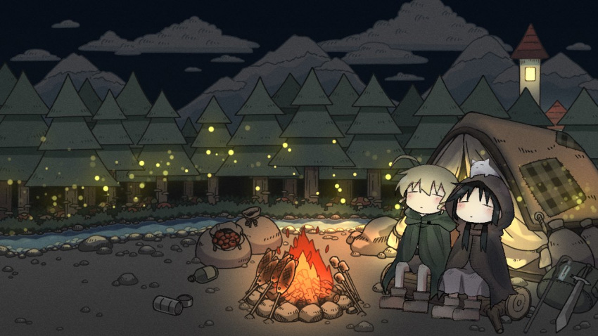 2girls black_hair blonde_hair brown_cape campfire cape chito_(shoujo_shuumatsu_ryokou) forest green_cape hood hood_up multiple_girls mushroom nature nuko_(shoujo_shuumatsu_ryokou) river sack shoujo_shuumatsu_ryokou sleeping sword tent tree weapon yoyohachi yuuri_(shoujo_shuumatsu_ryokou)